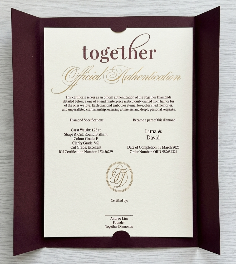 A Together Diamonds Certificate of Authentication — signed, sealed, and named in memory of a loved one.